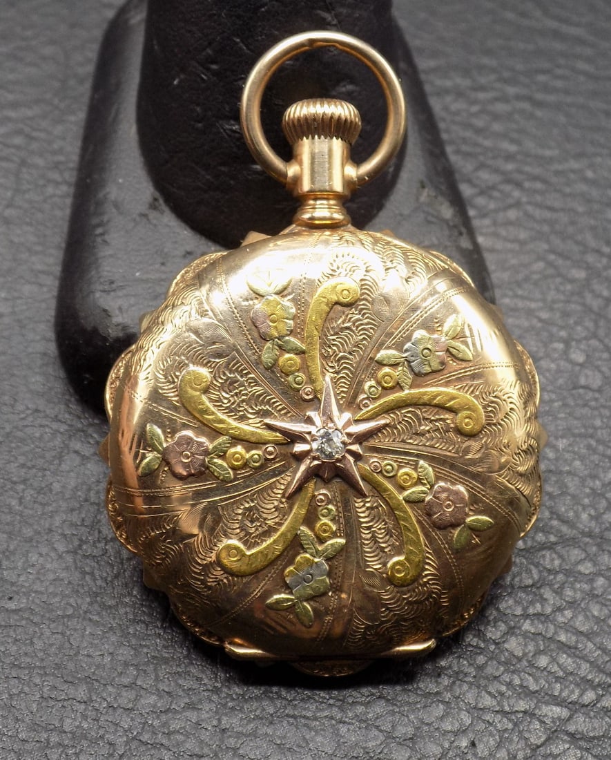 Antique 14k gold hunting case American Waltham pocket watch with fancy dial - 2