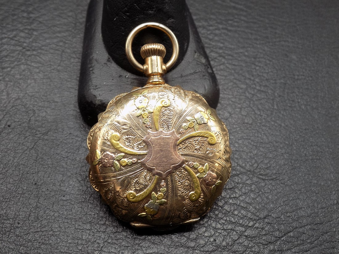 Antique 14k gold hunting case American Waltham pocket watch with fancy dial - 3