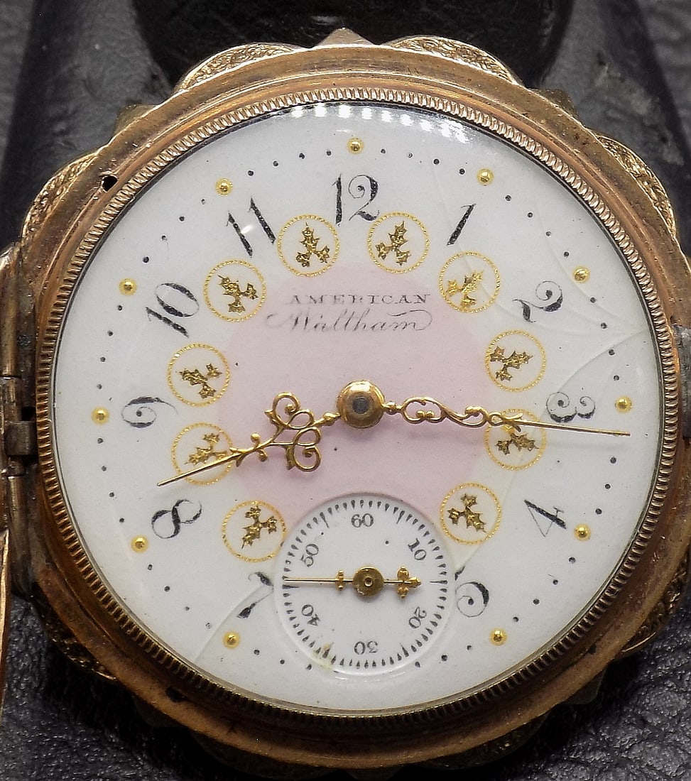 Antique 14k gold hunting case American Waltham pocket watch with fancy dial - 4