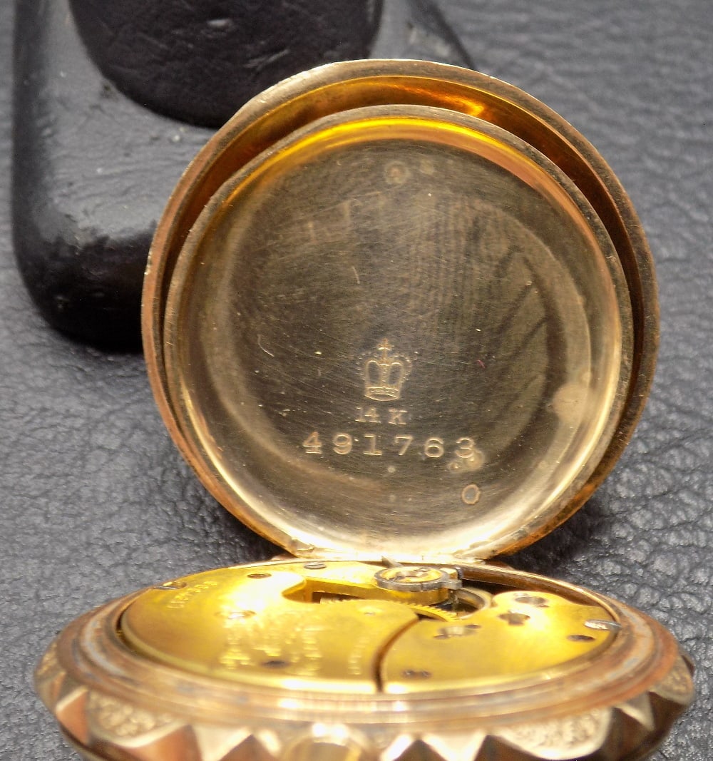 Antique 14k gold hunting case American Waltham pocket watch with fancy dial - 7