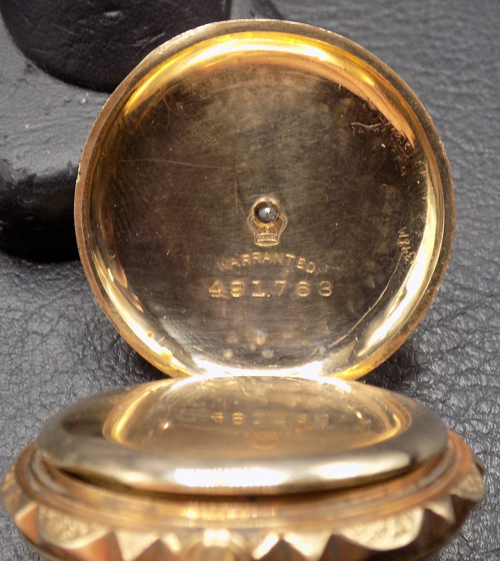 Antique 14k gold hunting case American Waltham pocket watch with fancy dial - 8