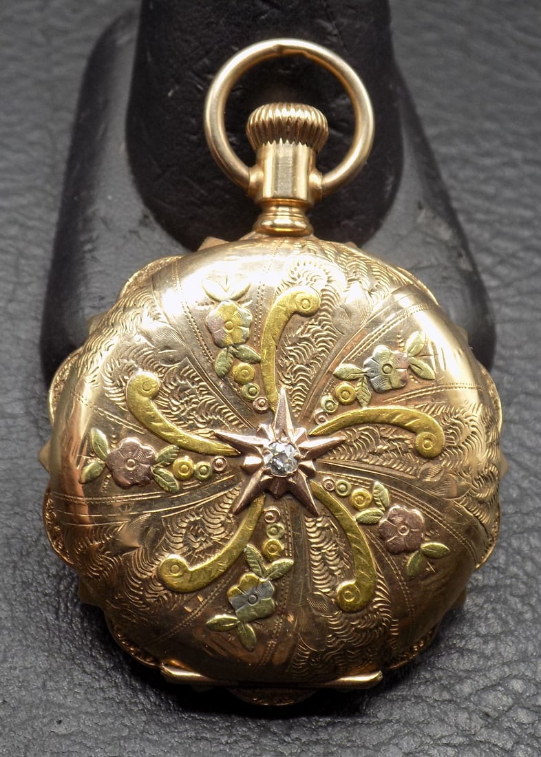 Antique 14k gold hunting case American Waltham pocket watch with fancy dial - 9