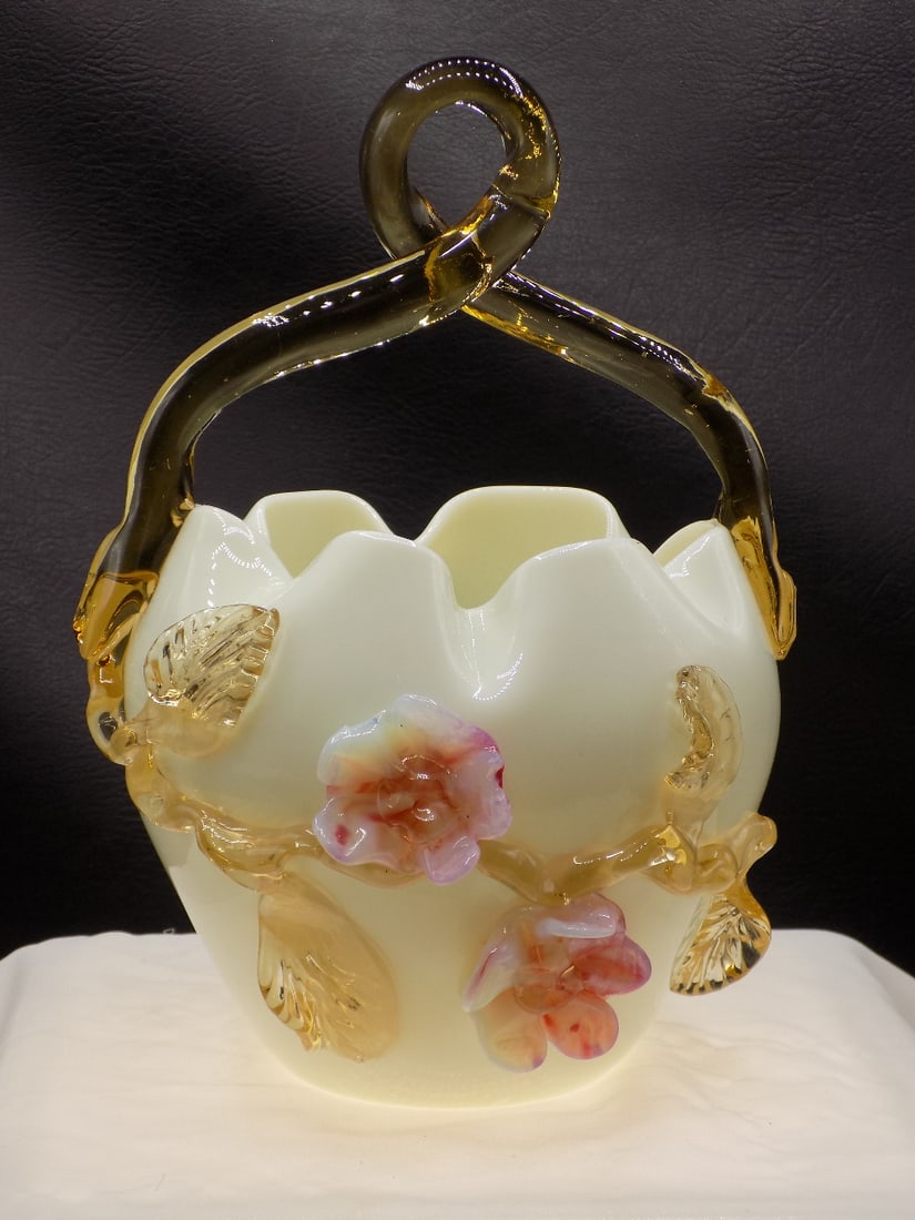 Vintage Stevens and Williams vaseline art glass basket: Vintage Stevens and Williams vaseline art glass basket. Applied floral decoration. In very good original as found condition. Great quality and detail. 8 inches tall x 5 ¾ wide at handles. 