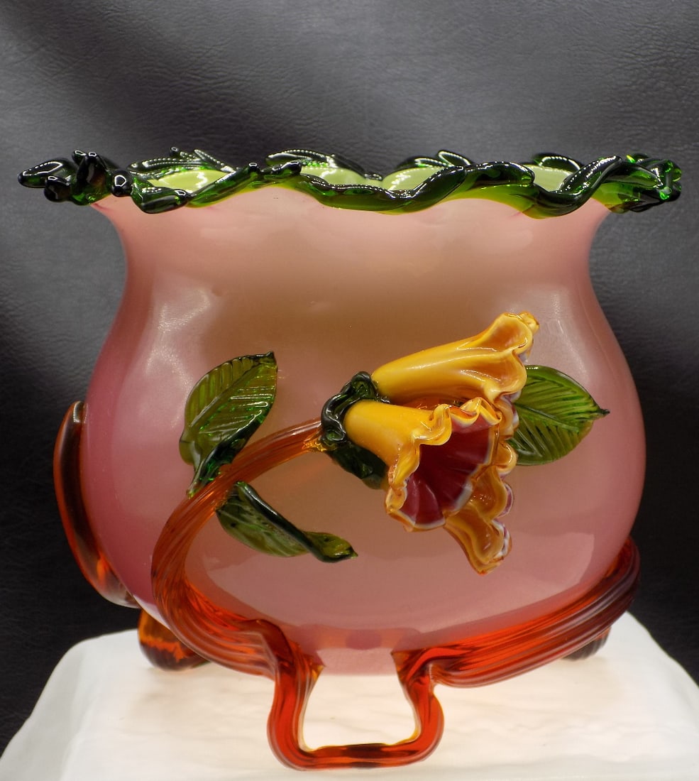Fabulous large antique Stevens and William art glass vase.: Fabulous large antique Stevens and William art glass vase. Beautiful applied flowers. Stunning colors. In very good original as found condition. Great quality and detail. 6 ¾ inches tall x 8 in