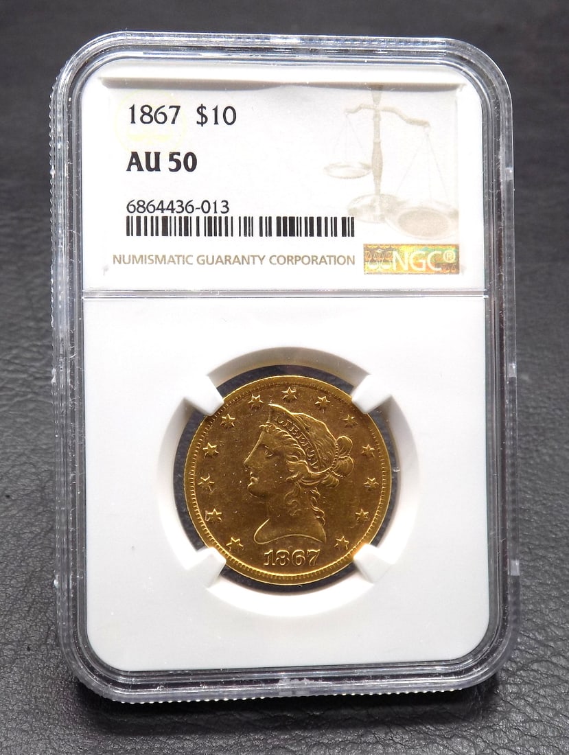 1867 10 dollar gold coin graded AU50 by NGC (1 of 4)