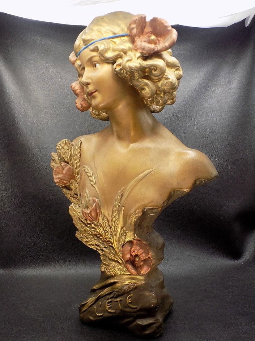Most beautiful Art Nouveau female bust: Most beautiful Art Nouveau female bust. Original colors and patina over plaster. Marked L’Ete as shown in photo. In very good original as found condition. Great quality and detail. 18 inches tall x