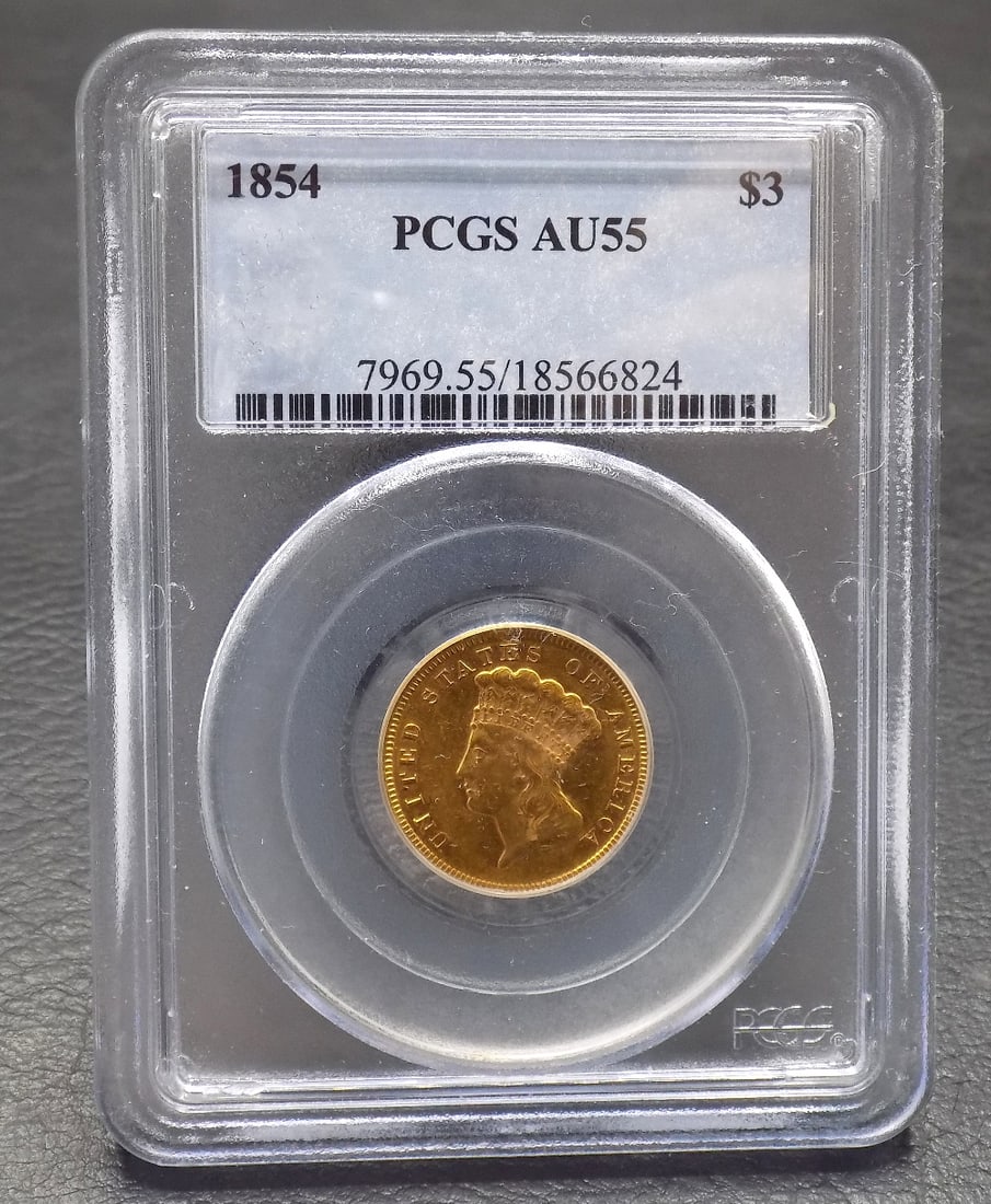 1854 3 dollar gold coin graded AU 55 by PCGS (1 of 4)