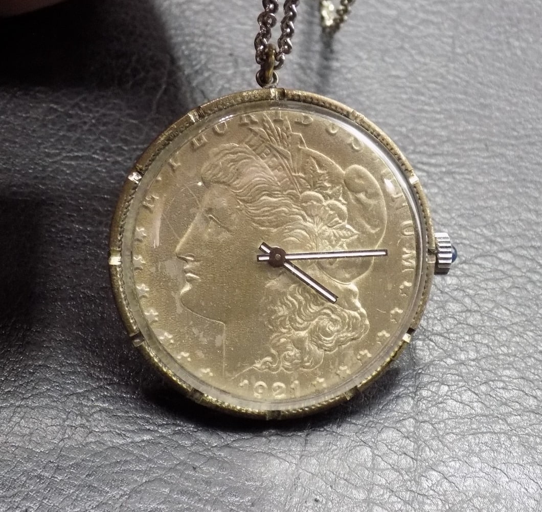 Unusual antique silver dollar watch with sapphire stem (1 of 4)