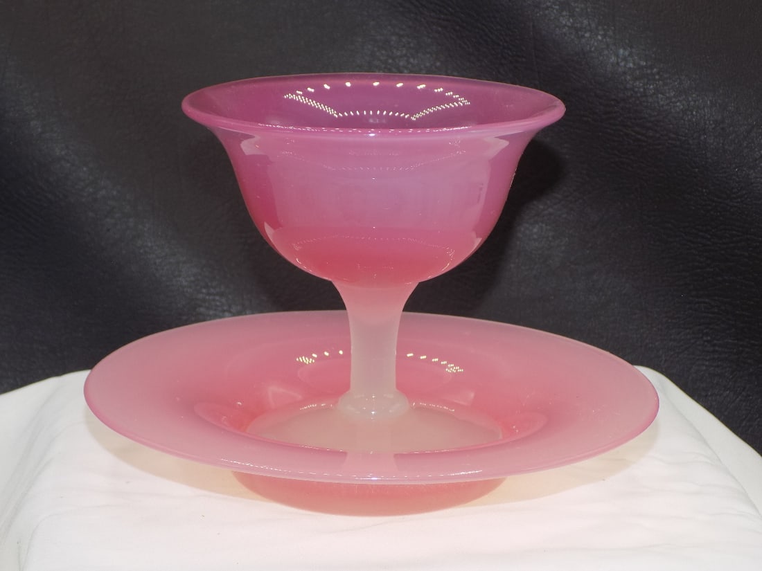 Antique Steuben rosaline and alabaster sherbert and underplate. (1 of 5)