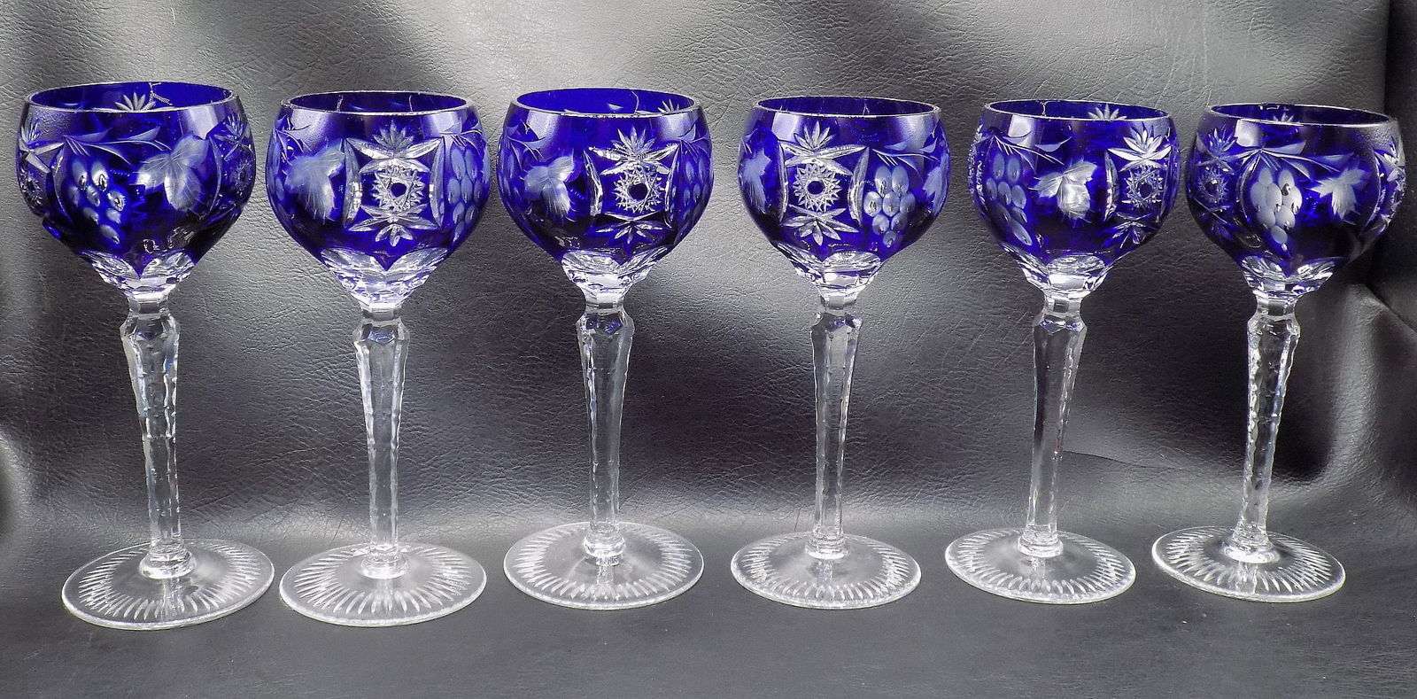 Beautiful set of six vintage blue cut to clear wine glasses (1 of 6)