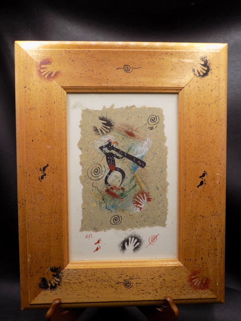 Original Aboriginal artist signed watercolor: Original Aboriginal artist signed watercolor. Original frame. Signed as shown in photo. Information about artist on back as shown in photo. Beautiful colors. In very good original as found condition.