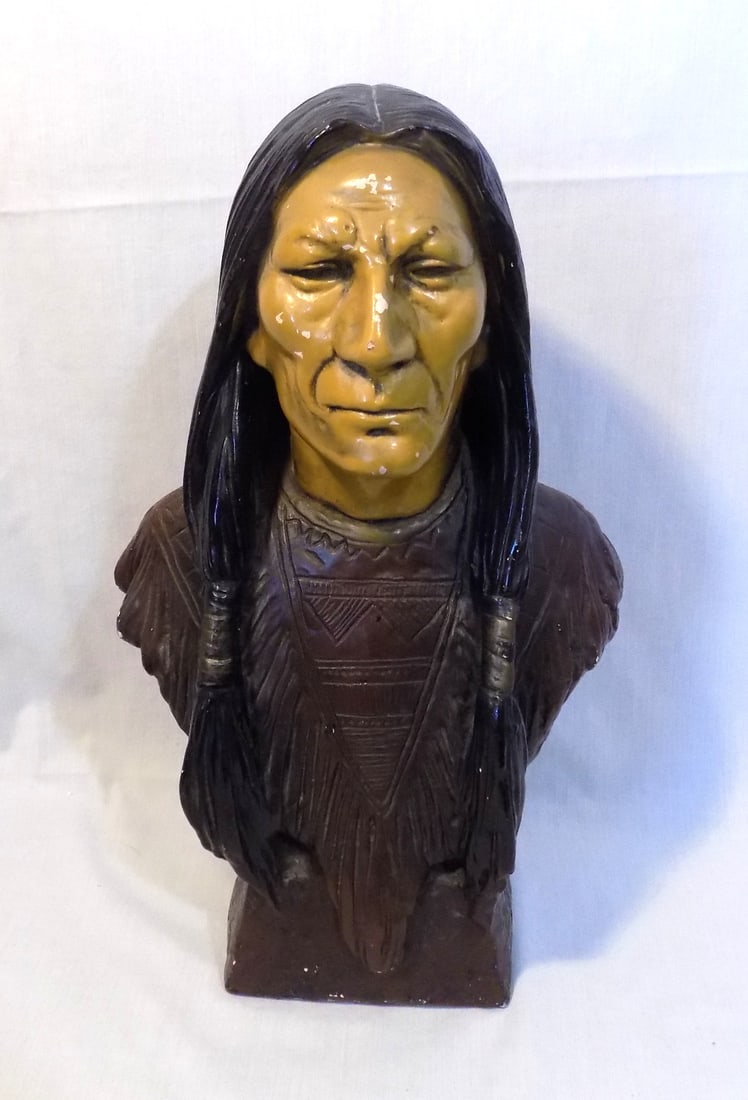 Vintage Native American Indian bust.: Vintage Native American Indian bust. Made of chalk. With some wear normal from age and use as shown in phot. Great quality and detail. 16 tall x 10 inches wide at shoulders. Approximately 8 lbs. For i