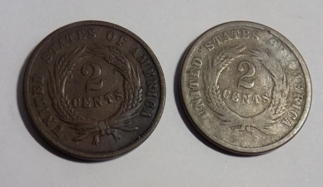 Civil War 1864 and 1865 two cent coins: Civil War 1864 and 1865 two cent coins. See photos to grade. For in house shipping. Please call Mike at Thriftiques 319-321-0613