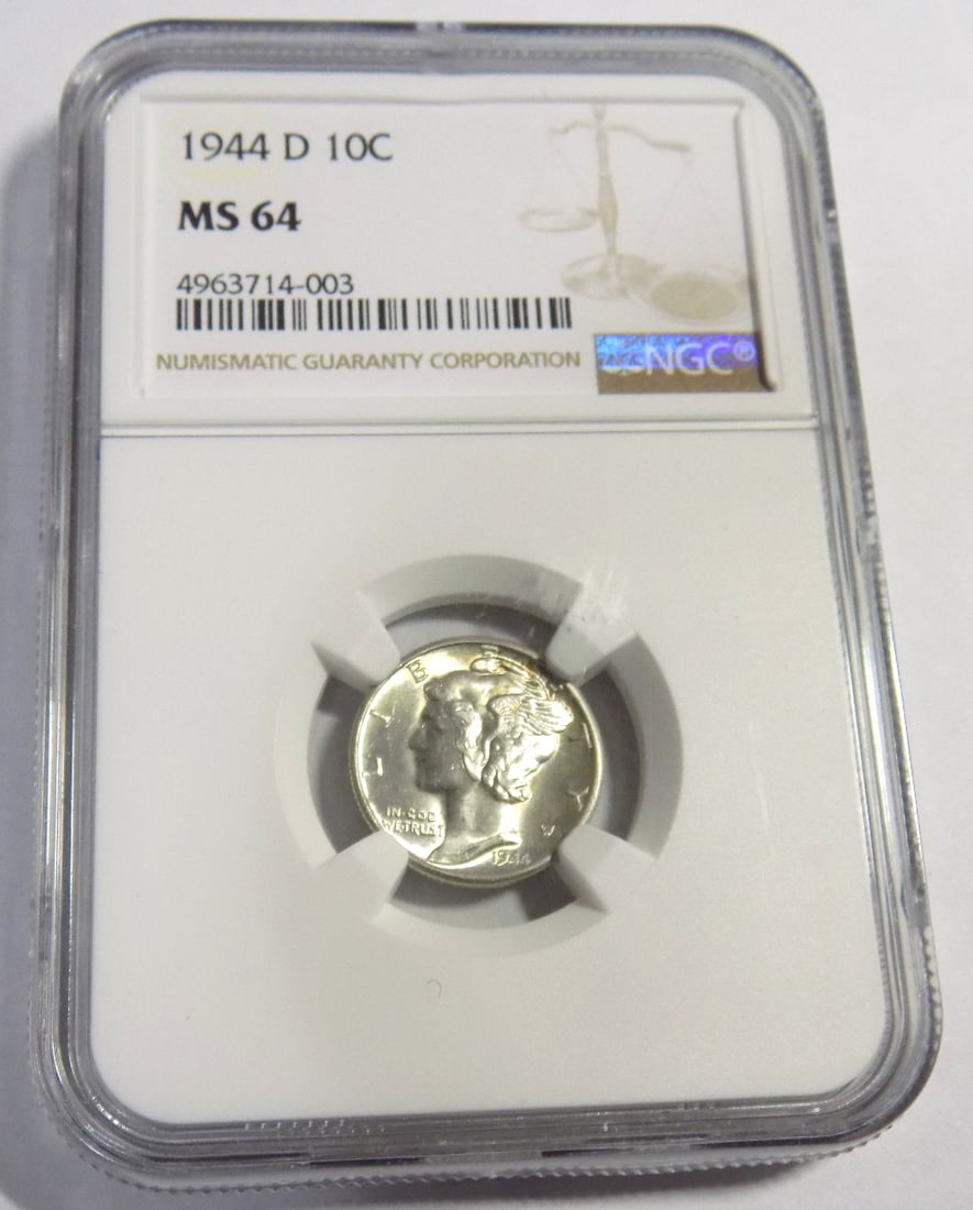 1944 D Uncirculated graded by NGC MS64 Mercury dime: 1944 D Uncirculated graded by NGC MS64 Mercury dime. For in house shipping. Please call Mike at Thriftiques 319-321-0613