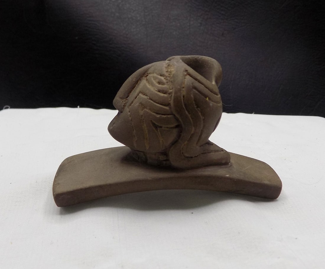 Antique carved stone pipe with Aztec deity: Antique carved stone pipe with Aztec deity. In very good original as found condition. Great quality and detail. Possibly made from 1400 to 1500’s. . 2 ¾ long x 1 5/8 inches tall. For in house