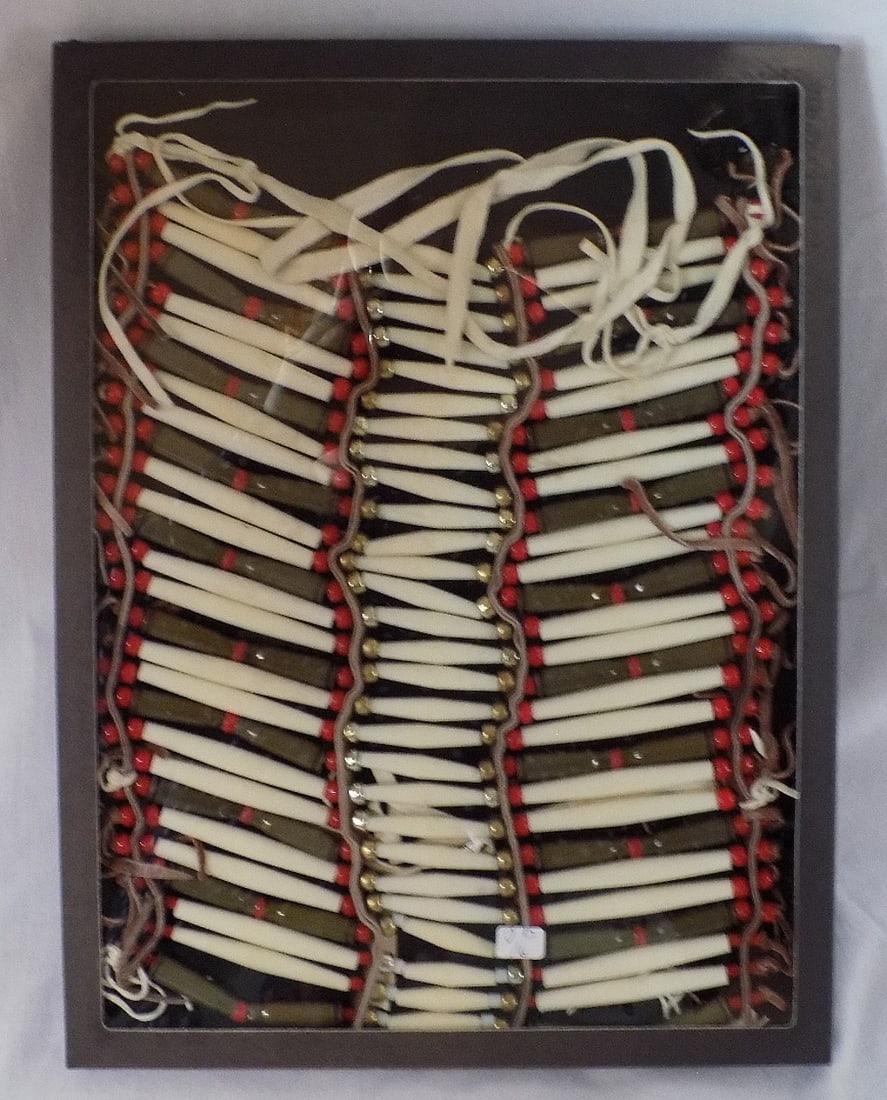 Native Indian hairpipe breast plate: Native Indian hairpipe breast plate. Please see photos for condition and age. 13 x 11 inches. Great quality and detail. For in house shipping, please call Mike at Thriftiques 319-321-0613