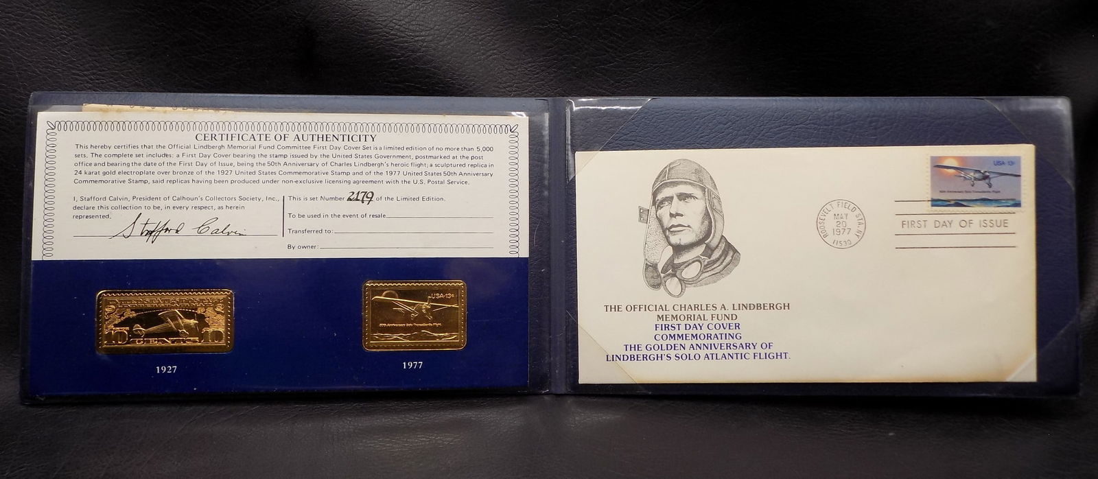 Official Lindbergh Memorial First Day Cover: Official Lindbergh Memorial First Day Cover. Gold stamps. 50 th anniversary solo trans Atlantic Flight. Dated 1977, Beautiful colors. In very good original as found condition. Great quality and detail