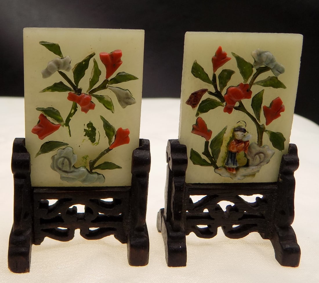 Pair of two adorable jade and hardstone miniature table screens (1 of 6)