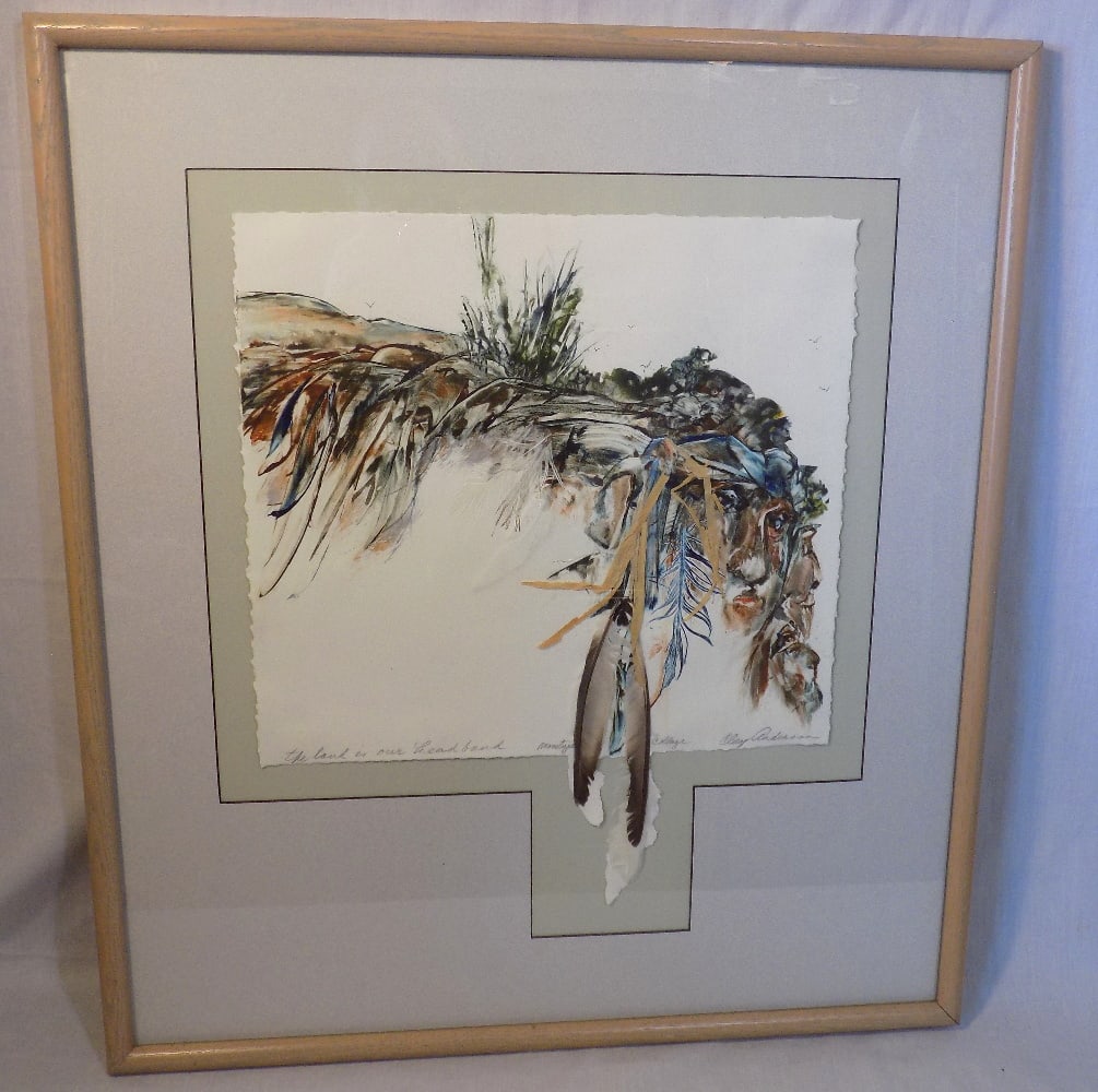 Vintage Indian feather artist signed watercolor monotype/monoprint: Vintage Indian feather artist signed watercolor monotype/monoprint. Artist signed Clay Anderson. Beautiful colors. In very good original as found condition. Great quality and detail. Frame size 28 x 2