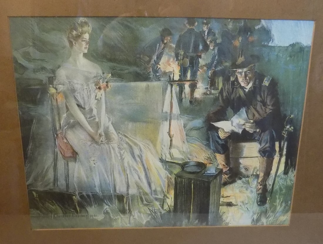 Antique print signed Chandler Christy 1901: Antique print signed Chandler Christy 1901. Titled It Not Only The Bullets That Wound. Civil War Soldier. Beautiful colors. In very good original as found condition. Frame shows damage as shown in pho