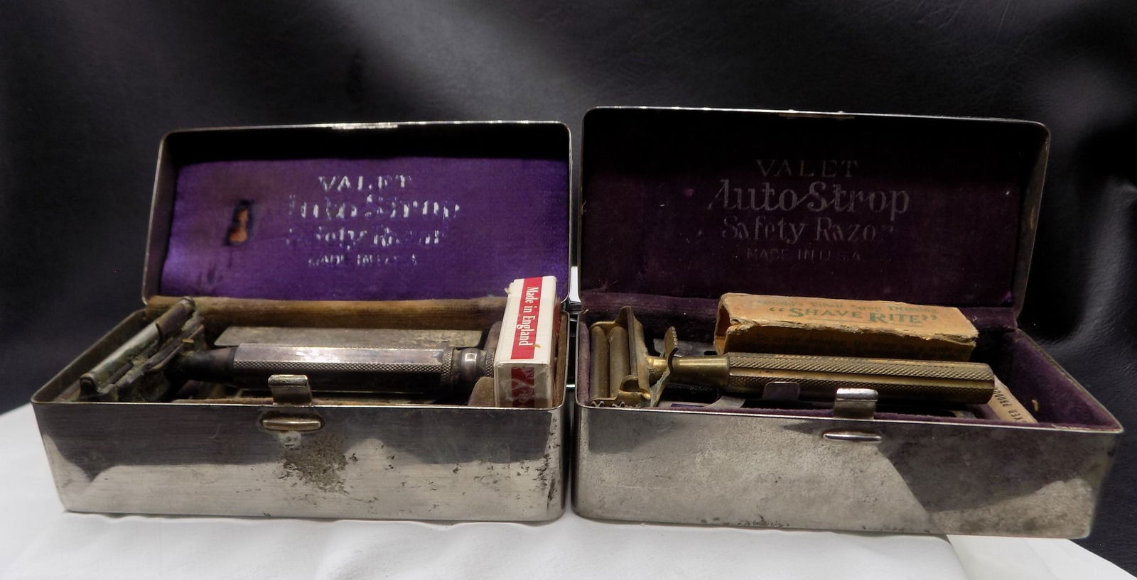 Two WWII military issued shaving kits: Two WWII military issued shaving kits. In very good original as found condition. Great quality and detail. 4 ¼ x 1 7/8 x 1 ½ tall. For in house shipping, please call Mike at Thriftiques