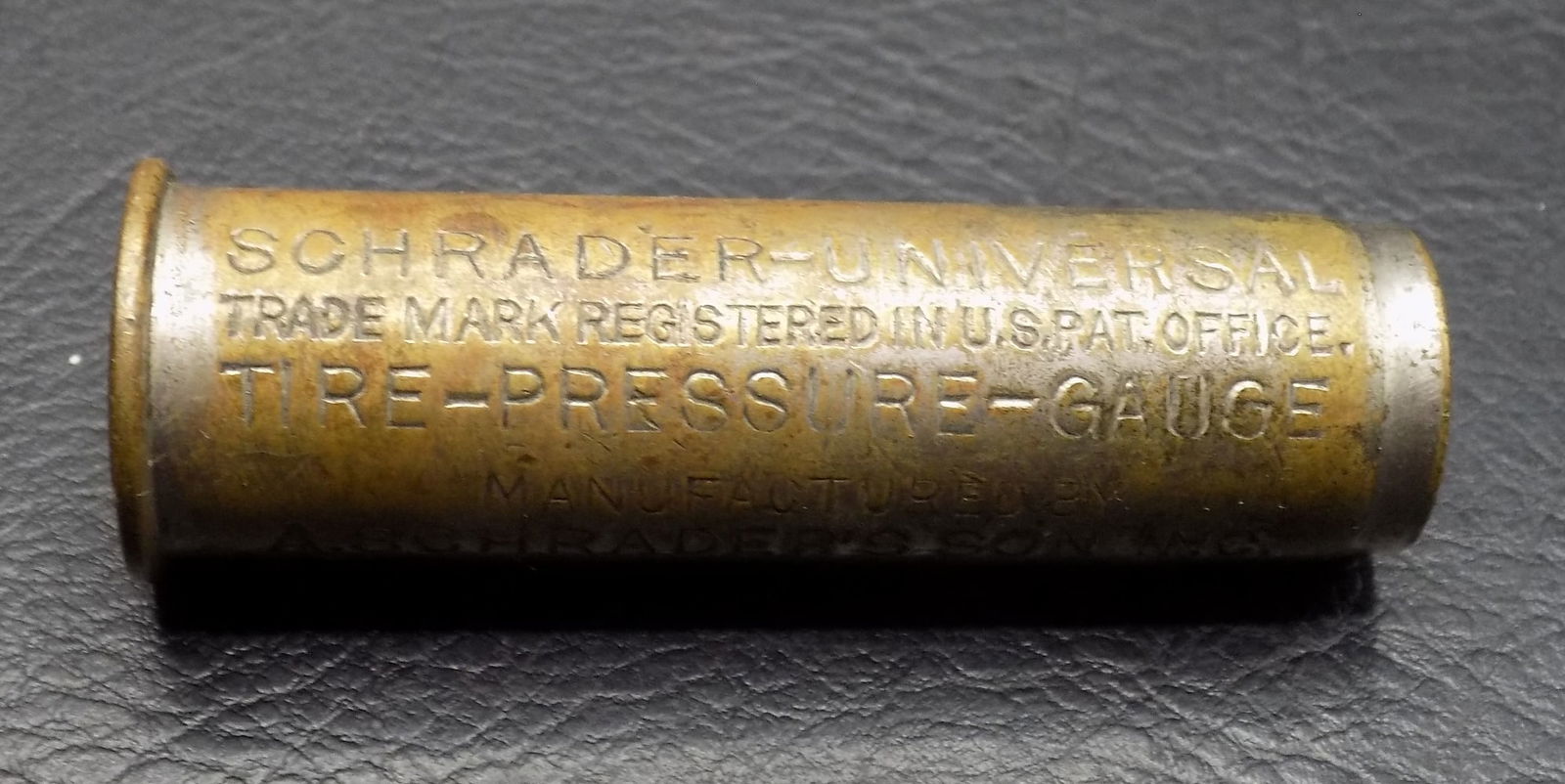 Rare 1909 car tire pressure gauge: Rare 1909 car tire pressure gauge. Schrader marked as shown in photo. In very good original as found condition. Great quality and detail. 2 3/8 inches long. For in house shipping, please call Mike at