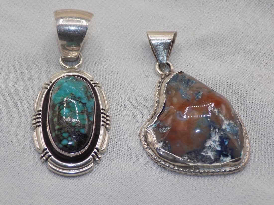 Two vintage marked sterling pendants: Two vintage marked sterling pendants. Turquoise and boulder opal 1 ¾ inches tall. Beautiful colors. In very good original as found condition. Great quality and detail. For in house shipping, pl