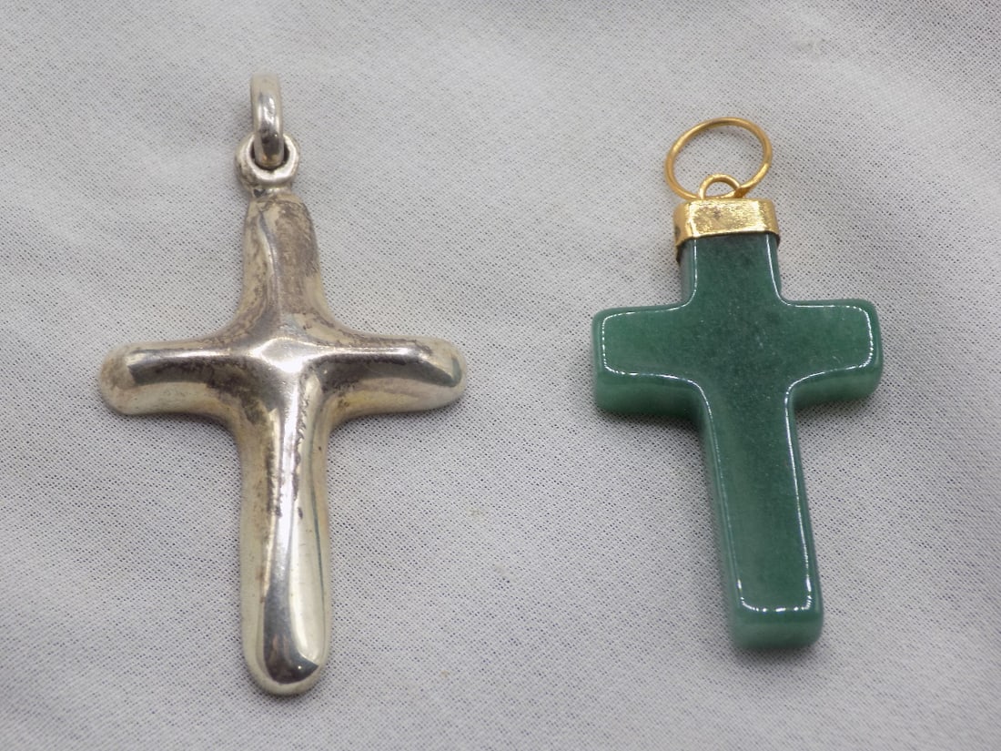 Two vintage sterling and jade crosses: Two vintage sterling and jade crosses. Marked sterling with artist mark as shown in photo. Sterling 1 ½ inches tall. Beautiful colors. In very good original as found condition. Great quality an