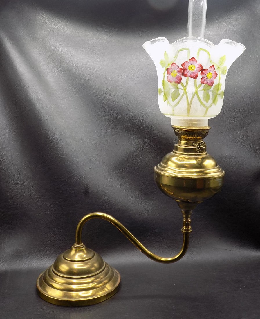 Victorian brass student lamp hand painted shade (1 of 7)