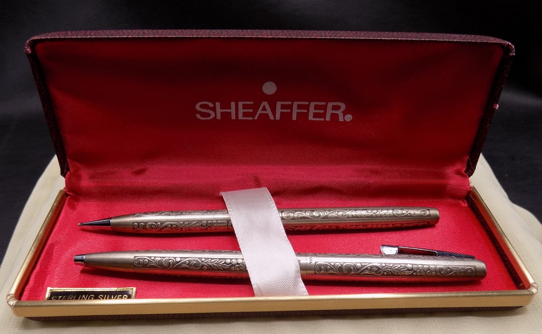 Fancy vintage sterling Schafer pen and pencil in original box: Fancy vintage sterling Schafer pen and pencil in original box. Marked as shown in photo. In very good original as found condition. Great quality and detail. Box size is 6 inches long x 2 inches wide.