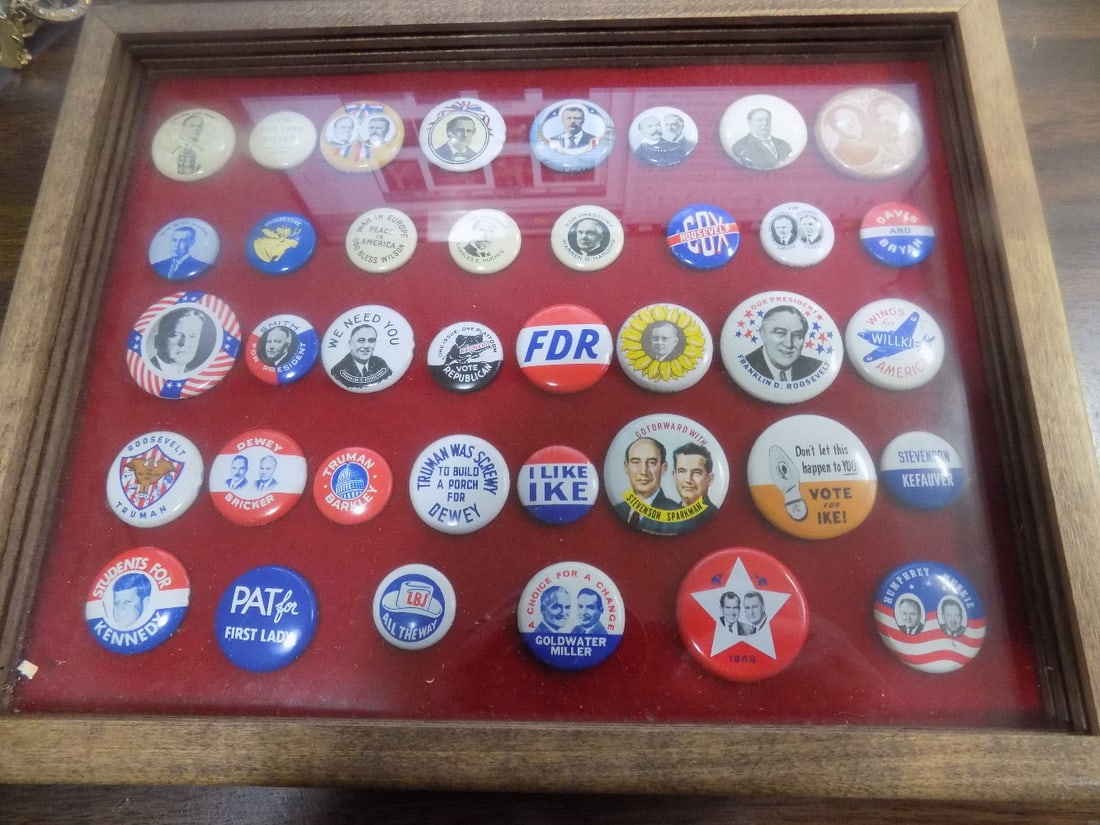 1972 remake of original presidential campaign buttons by Amoco as promotional gift: 1972 remake of original presidential campaign buttons by Amoco as promotional gift. Frame measures 12 by 9 ½ inches. Beautiful colors. In very good original as found condition. Great quality an
