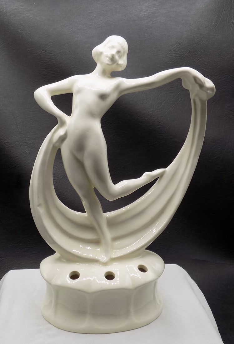 Graceful vintage Art Nouveau nude female flower frog: Graceful vintage Art Nouveau nude female flower frog. Marked Germany on bottom as shown in photo. In very good original as found condition. Great quality and detail. 9 ½ tall x 6 wide at center.