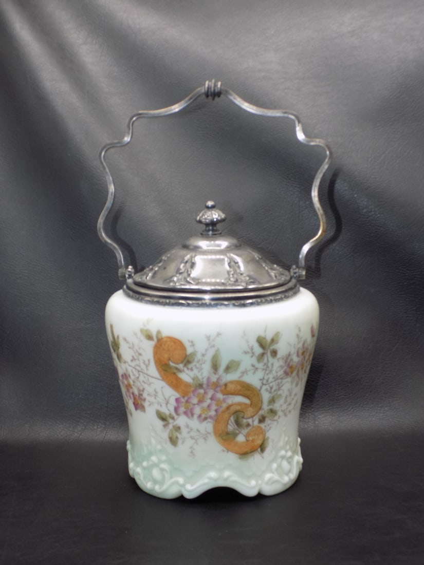 Lovely Antique hand painted Wave Crest decorated cookie or biscuit jar: Lovely Antique hand painted Wave Crest decorated cookie or biscuit jar. Silverplate handle and lid. Beautiful colors. In very good original as found condition. Great quality and detail. 8 ¼ tall