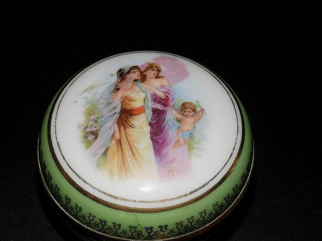 Victorian hand painted jewelry box with ladies & cupid: Victorian hand painted jewelry box with ladies & cupid. No condition problems. Probably unmarked Limoges. Measures 1 7/8” tall x 2 3/4” wide For in house shipping, please call Mike at