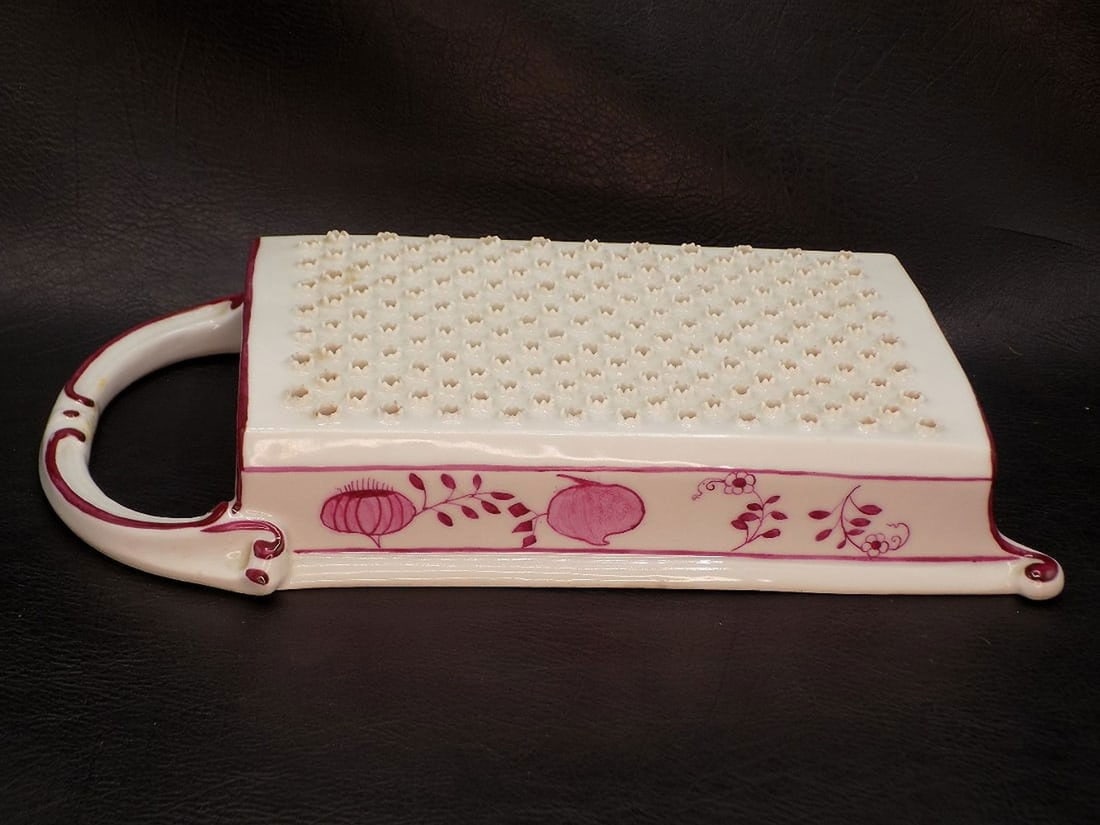 Lovely antique unusual hand decorated porcelain food grader: Lovely antique unusual hand decorated porcelain food grader. Beautiful color. Great quality and detail. 9 ¼ x 5 ¼ inches x 1 ½, For in house shipping, please call Mike at Thriftiques