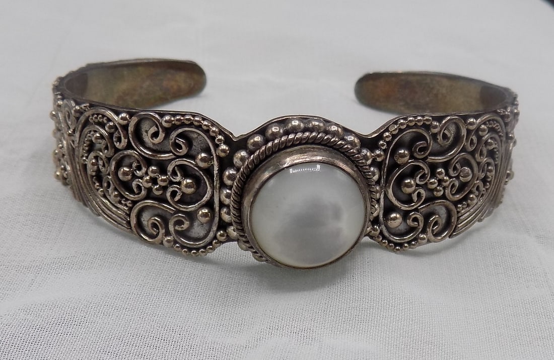 Ornate mother of pearl sterling silver bracelet (1 of 7)