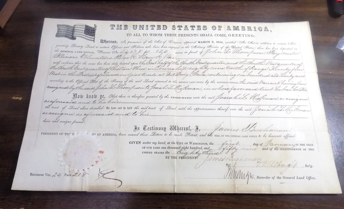 Civil War 1859 document signed President James Buchanon (1 of 7)