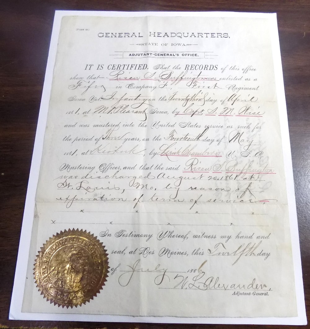 Civil War document for State of Iowa Enlistment (1 of 5)