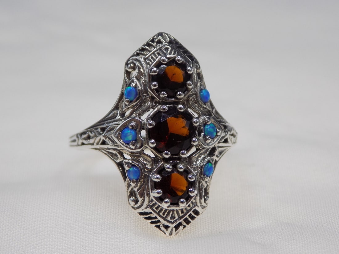 Beautiful 3 cwt fire garnet and blue opal sterling silver ring (1 of 6)