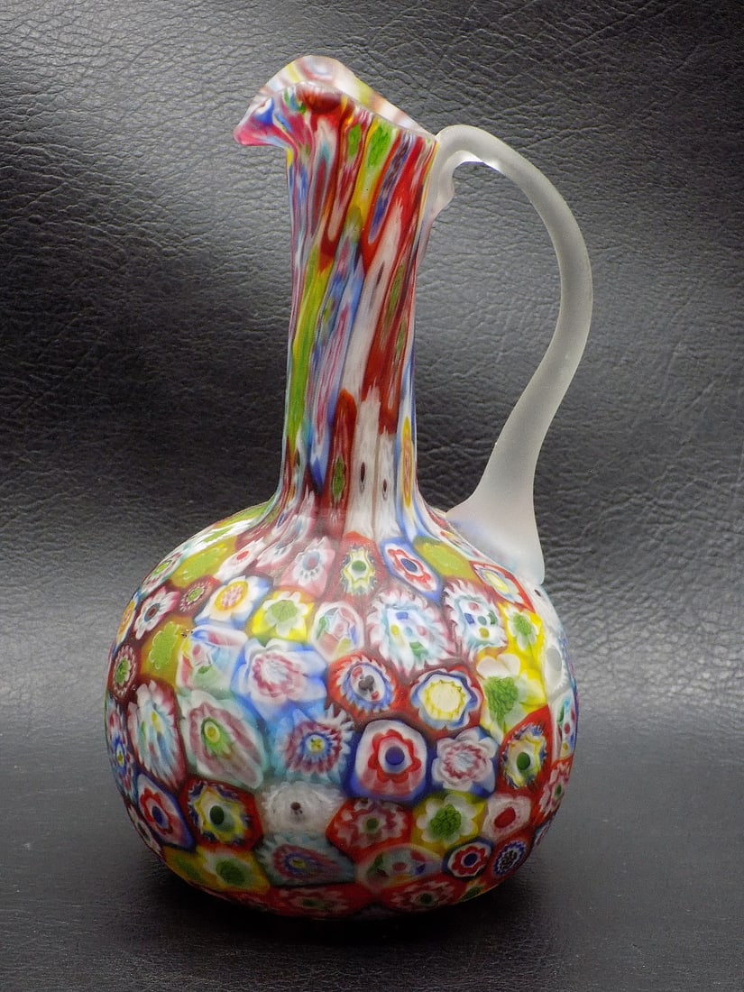 Vintage Fratelli Toso Murano millefiori art glass pitcher: Vintage Fratelli Toso Murano millefiori art glass pitcher. Beautiful colors. In very good original as found condition. Great quality and detail. 6 ¼ inches tall. For in house shipping, please cal