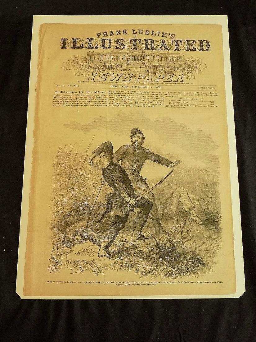 Historic Civil War November 9, 1861 illustrated newspaper cover with battle scene: Historic Civil War November 9, 1861 illustrated newspaper cover with battle scene. Death of Colonel Baker as shown in photo. No photo of back of cover as it is attached to cardboard back. 15 ½ x 