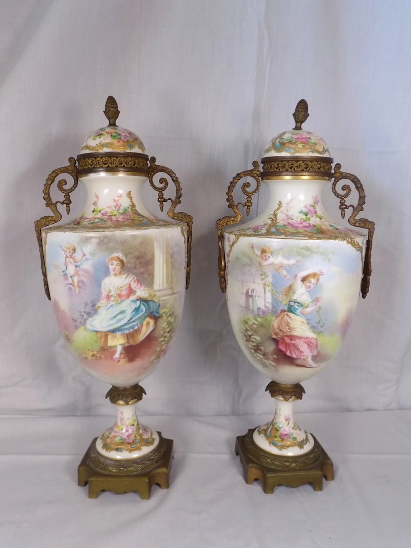 Fabulous pair of hand painted antique Sevres lidded porcelain urns (1 of 12)