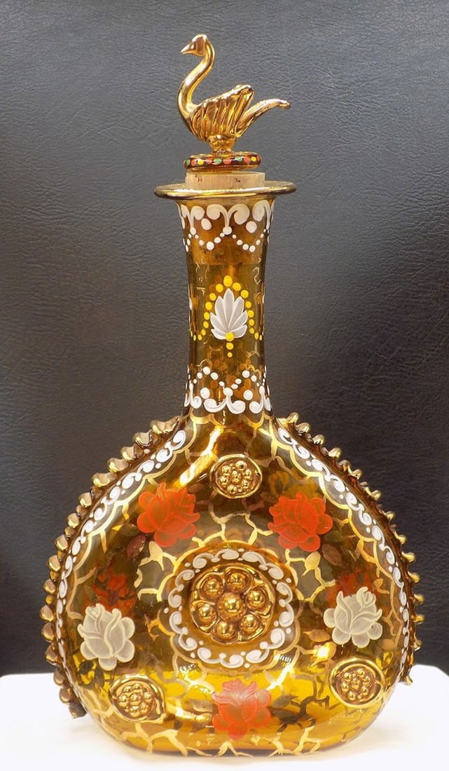 Wonderful decorated vintage art glass Moser wine bottle with swan (1 of 12)