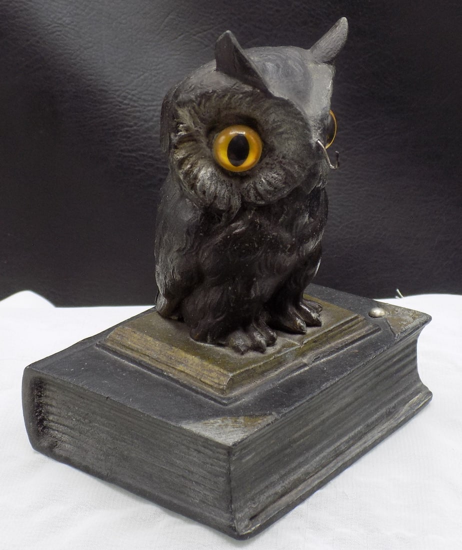 Unusual antique metal owl on book pocket watch holder (1 of 5)