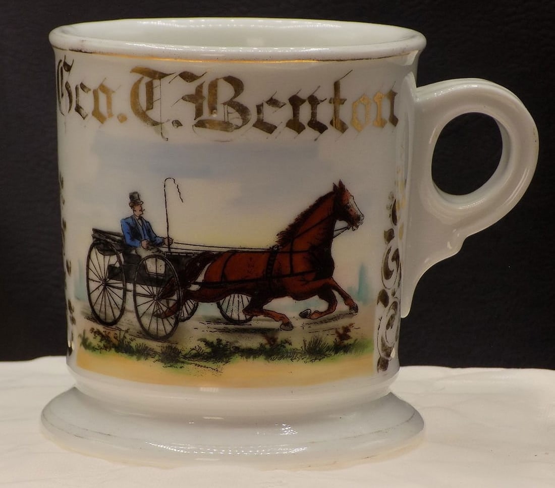 Splendid late 1800s Occupational Shaving Mug One Horse Drawn Surrey with Driver: Splendid late 1800s Occupational Shaving Mug One Horse Drawn Surrey with Driver. Great quality and detail. Barber Supply Co. St. Louis Mo. Beautiful colors. In very good original as found condition. P