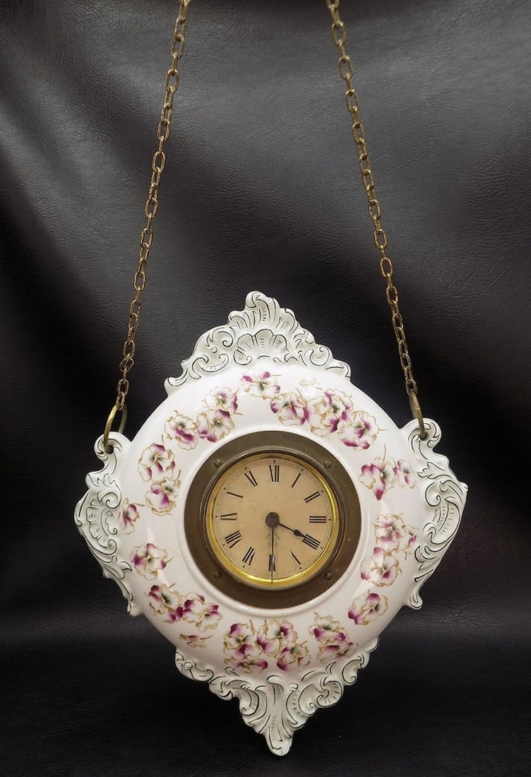 Lovely antique floral decorated porcelain hanging clock (1 of 6)
