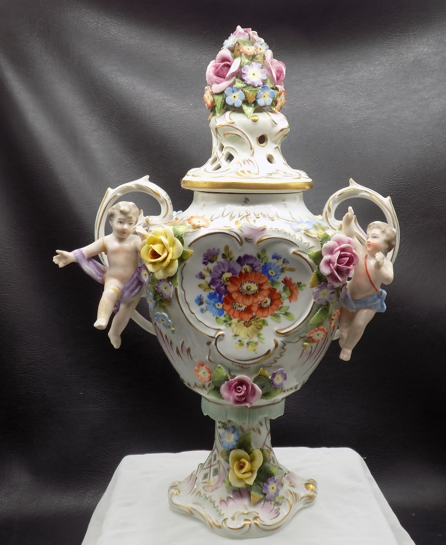 Fabulous antique German Von Schierholz Dresden figural porcelain vase with lid (1 of 10)