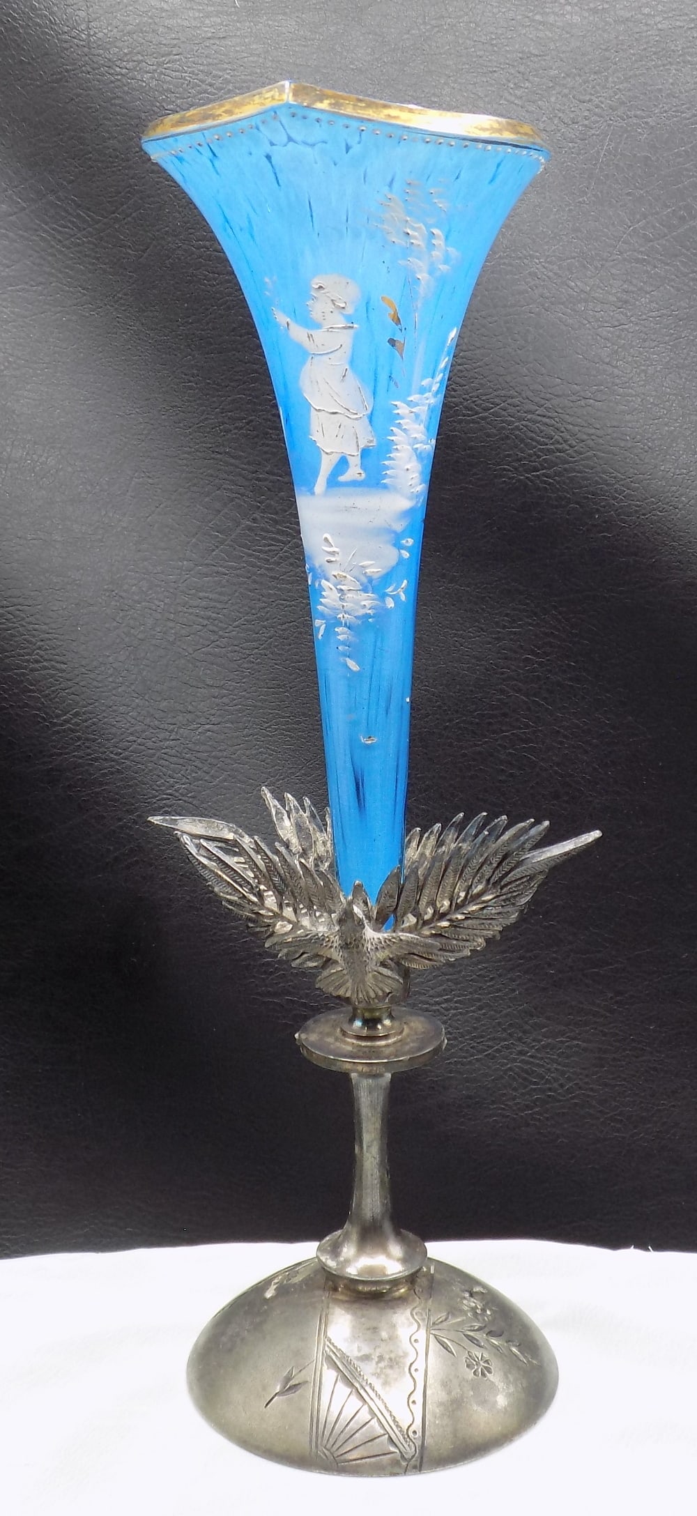 Victorian decorated 1800’s French blue opaline art glass epergne. (1 of 8)