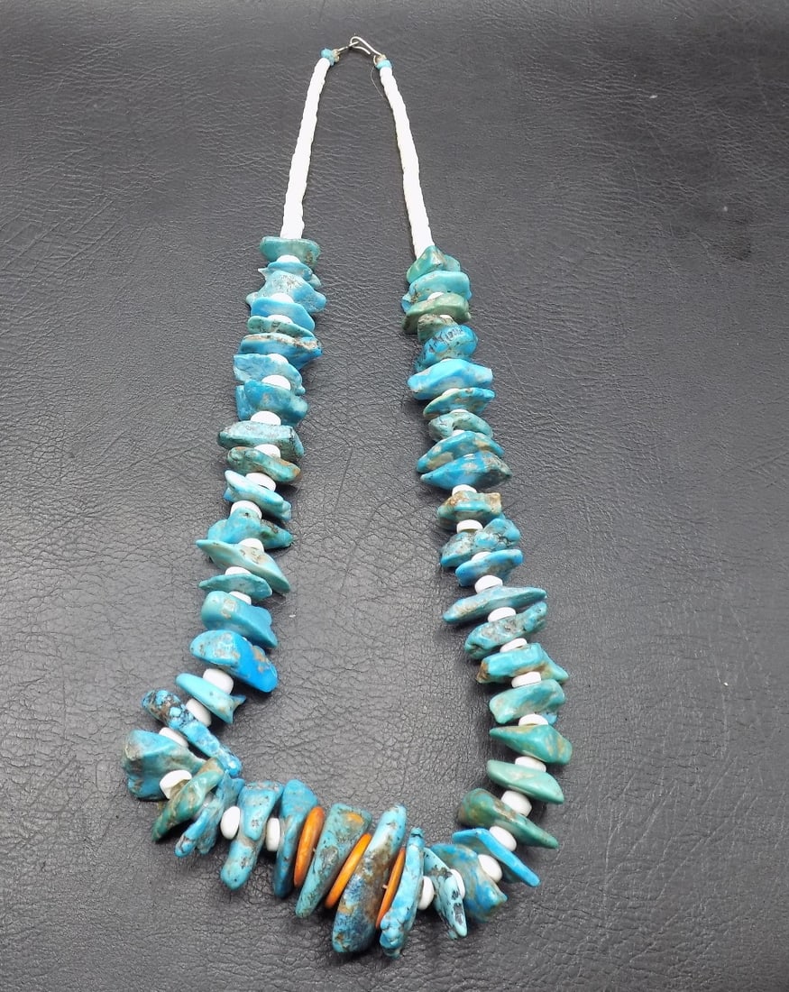 Large turquoise nuggets with coral and glass beads necklace (1 of 5)