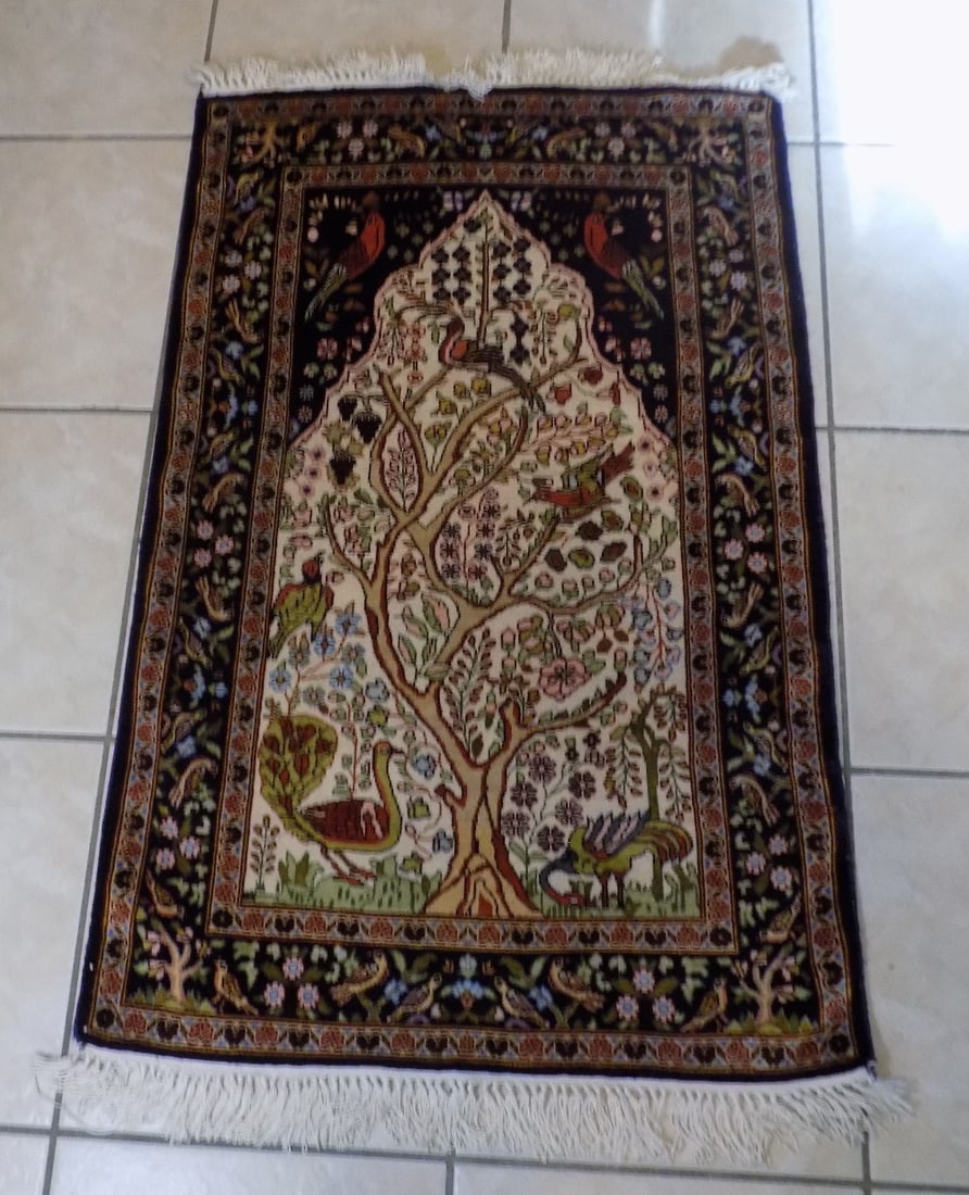 Exceptional vintage silk Tree of Life with birds Oriental rug: Exceptional vintage silk Tree of Life with birds Oriental rug. Handmade. Beautiful colors. In very good original as found condition. Great quality and detail 35 ¼ x 22 ¼ . For in house shipp
